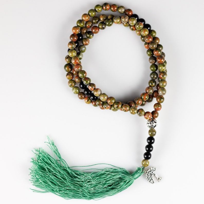 UNAKITE & BLACK ONYX Stone Mala Beads, 108 Mala Necklace, Knotted Mala, WWG Necklace, Yoga Jewelry Meditation Beads Spiritual Jewelry Boho Jewelry, 34inch, Gemstone
