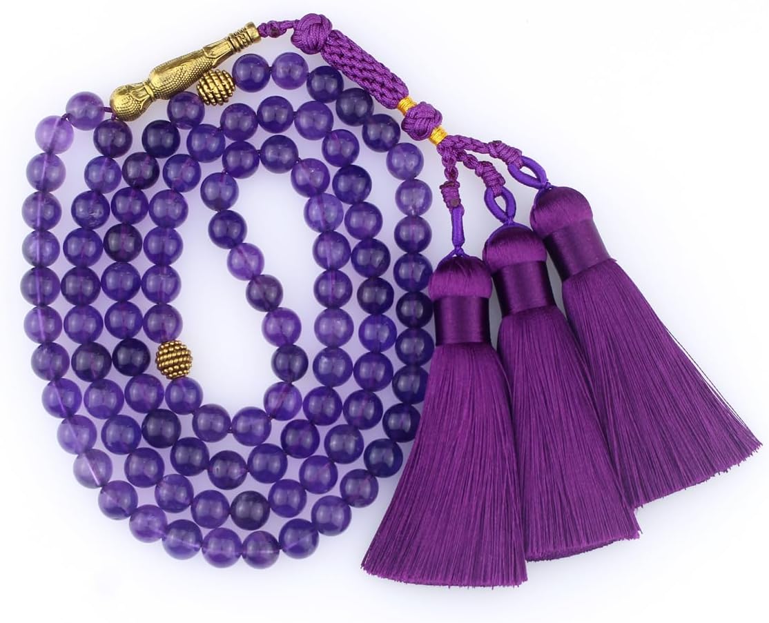 Muslims Islamic Dhikr Tasbeeh Tasbih Prayer Beads, 99 Amethyst Purple Crystal Beads with Tassel