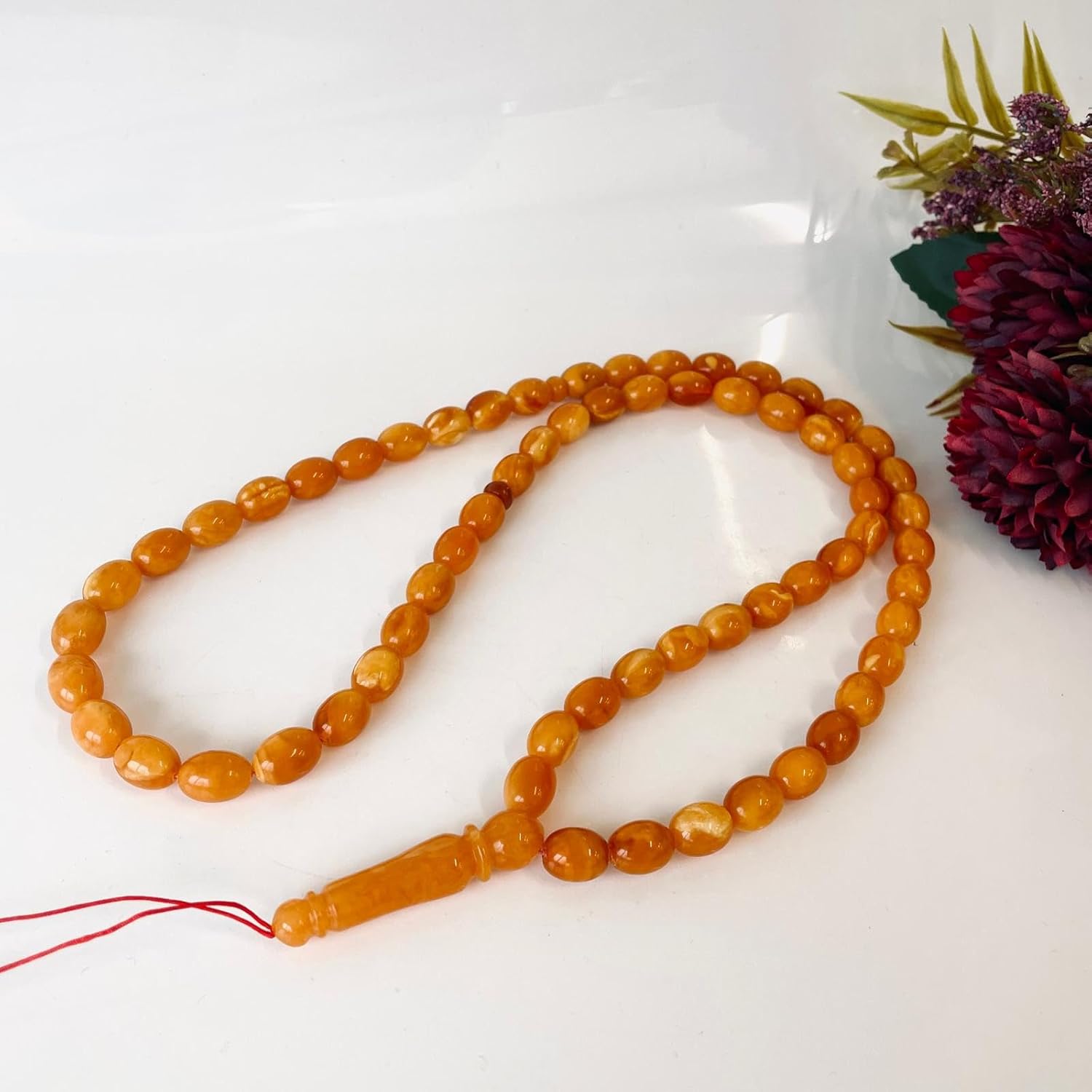 AMBERSTONE Muslim Prayer Beads Tasbih - Premium Handmade Baltic Amber Tasbeeh for Dhikr - Natural Orange Amber Islamic Rosary Misbaha Subha - 66 Beads / 41.8 g