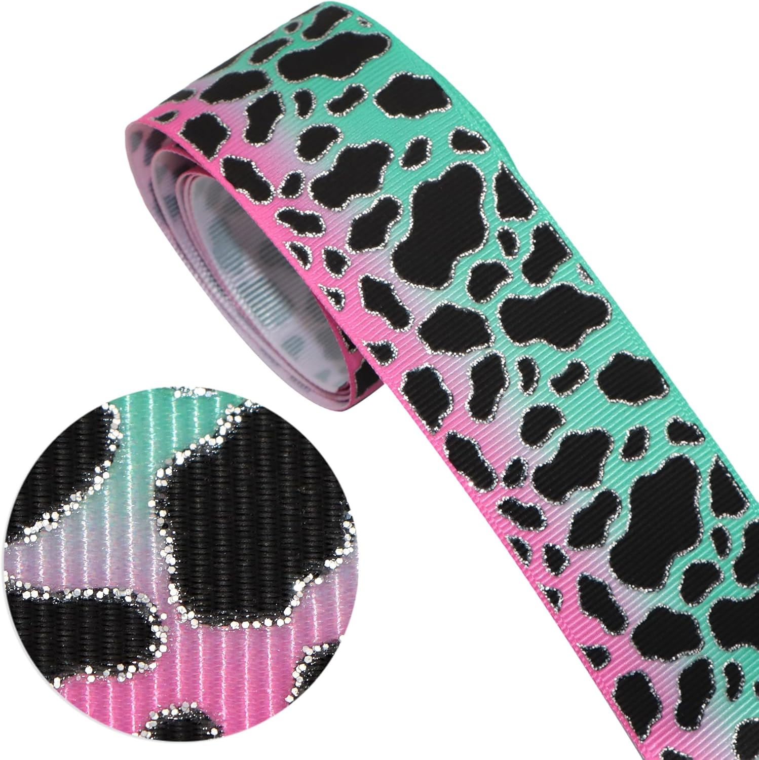 38Mm/75Mm Cow Grosgrain Ribbon Ink Printed Glitter Ribbon for DIY Handmade Bows Crafts Package Gift 50Yards,50Yc19913 - (Color: 75Mm Gray)