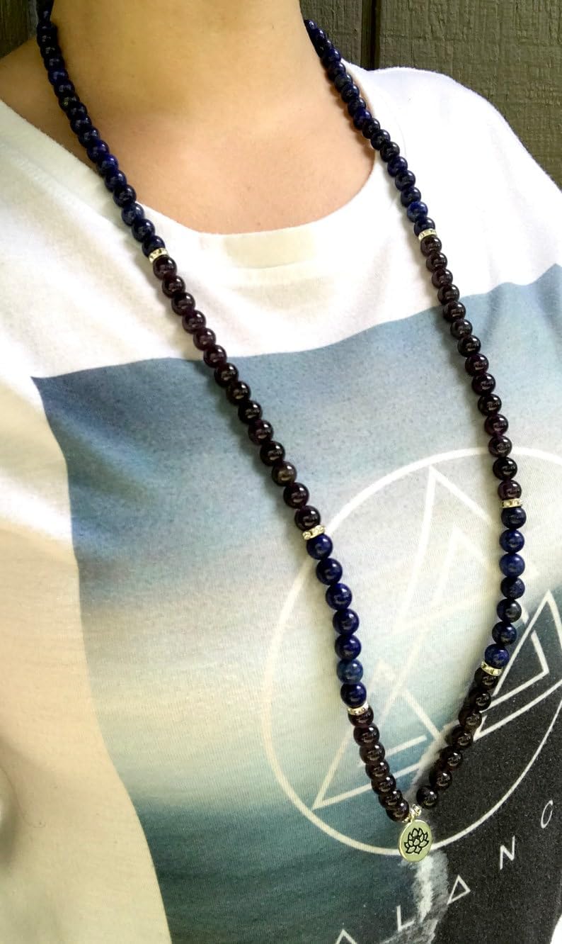 Natural Lapis Lazuli and Amethyst 8mm 108 Mala Beads, Spiritual, Meditation Beads, Reiki, Japa Mala, Buddhist Prayer Beads, Yoga Bracelet, healing beads LKMALA-RRGU-3338