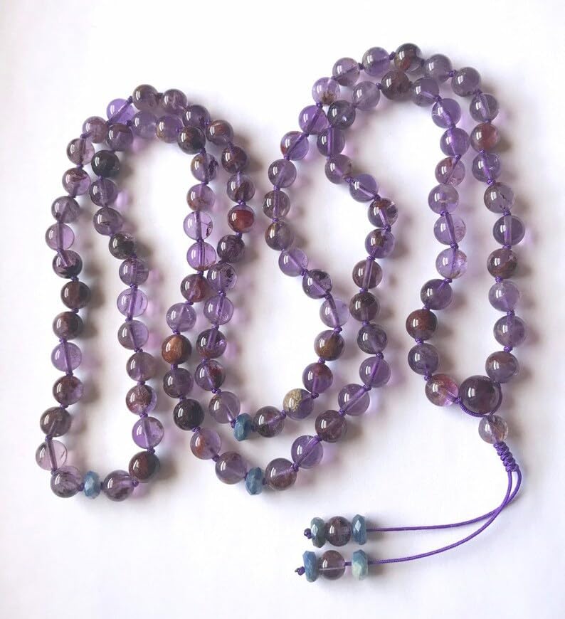 Natural Amethyst Cacoxenite,Kyanite 8mm-12mm 108 Mala Beads, Spiritual, Meditation Beads, Reiki, Japa Mala, Buddhist Prayer Beads, Yoga Bracelet, healing beads LKMALA-RRGU-1031