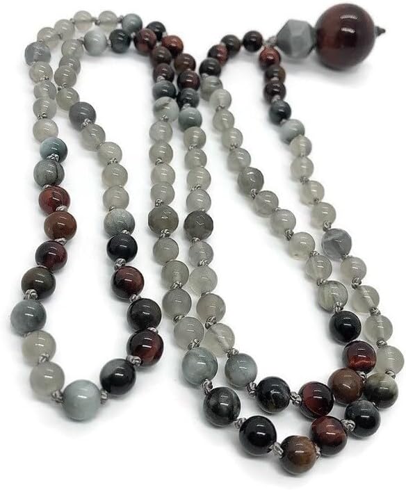 Grey Moonstone, Red and Grey Tiger Eye Stone Mala Beads, 108 Mala Necklace, Knotted Mala, WWG Necklace, Yoga Jewelry Meditation Beads Spiritual Jewelry Boho Jewelry