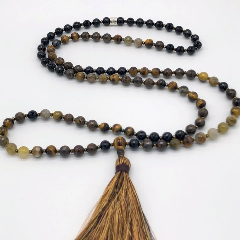 BRONZITE ,ONYX,PIETERSITE,TIGERS EYE Stone Mala Beads, 108 Mala Necklace, Knotted Mala, WWG Necklace, Yoga Jewelry Meditation Beads Spiritual Jewelry Boho Jewelry, 34inch, Gemstone