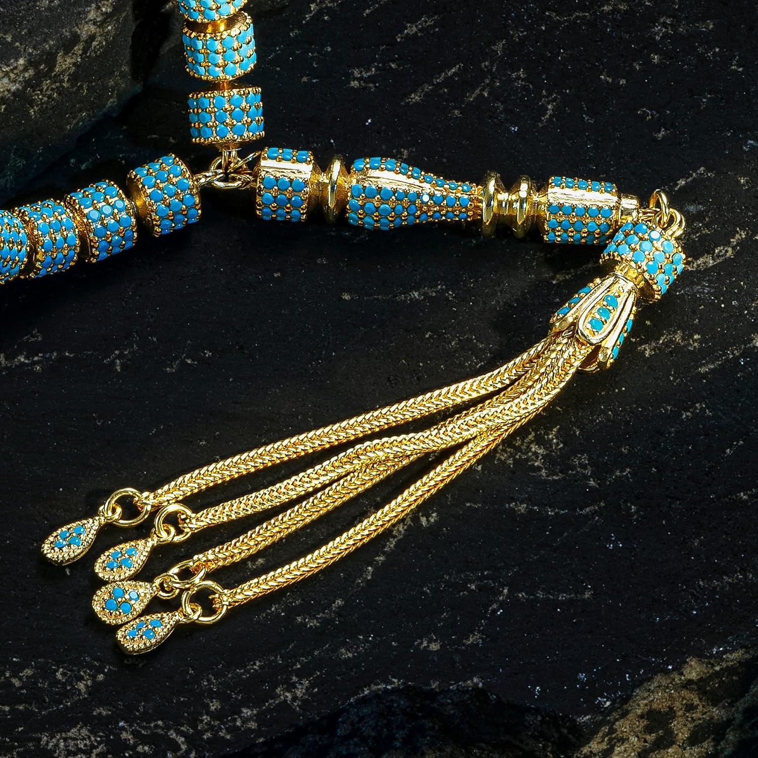925 Sterling Silver Gold Plated Turquoise Islamic Prayer Beads Rosary Tasbeeh
