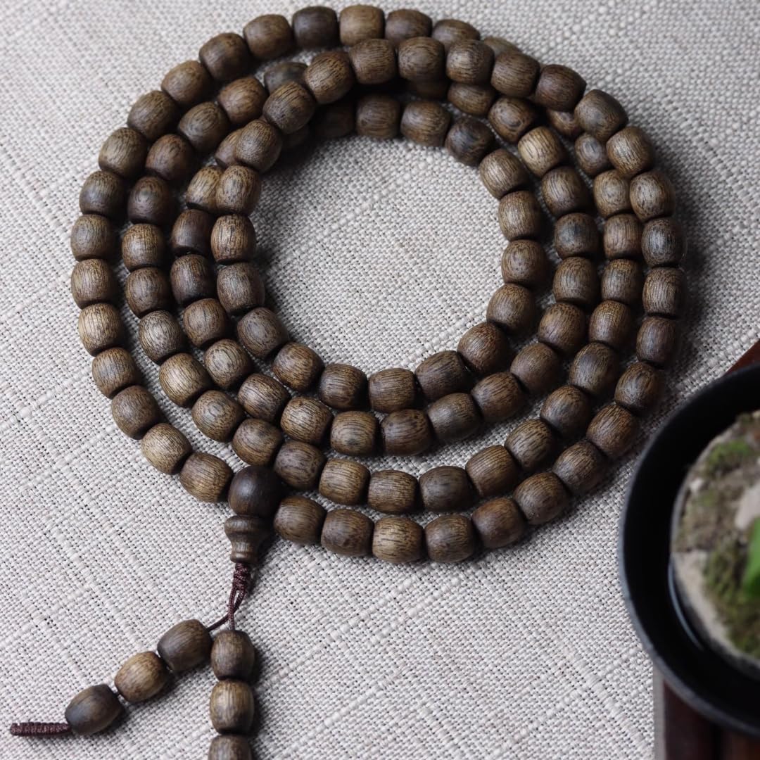Vietnam Nha Trang Agarwood Golden Thread Honey-Knotted White Aquilaria 8x9mm*108 Beads Prayer Beads Multi-Circle Drum Beads Sinking Grade