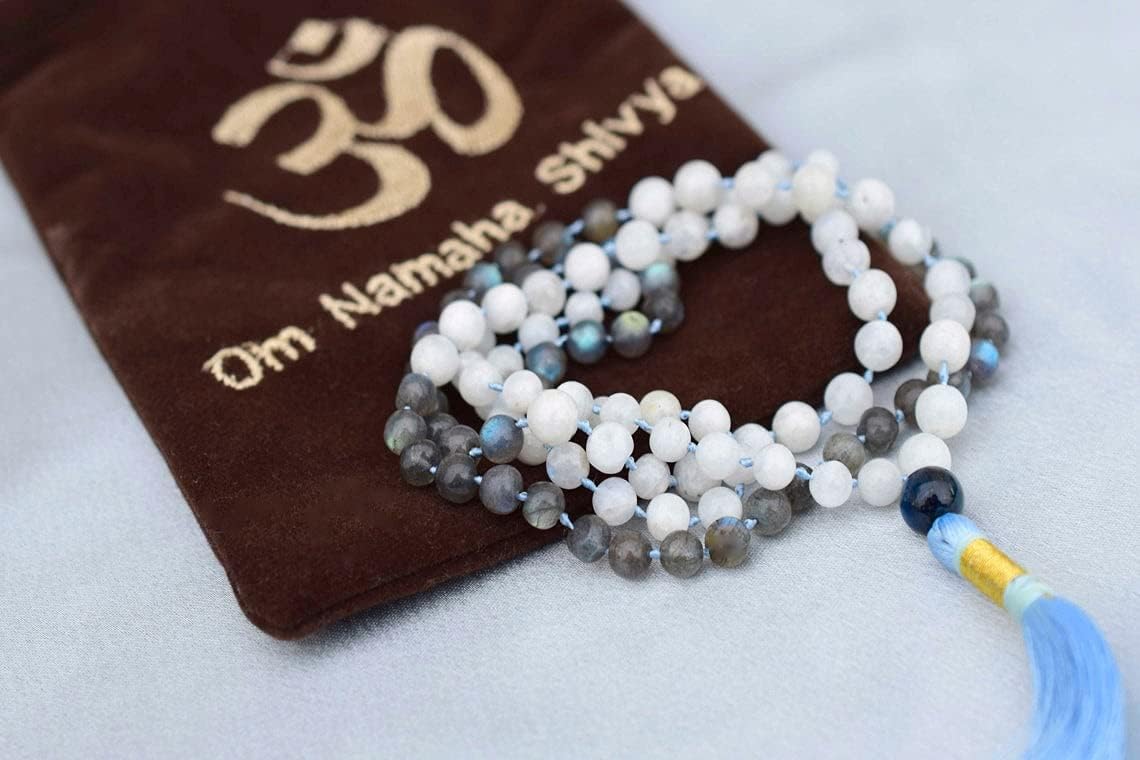 Rainbow Moonstone Labradorite 108 Beads Necklace, Tessel Prayer Beads Mala, Yoga Mala, Blessing Spiritual Ferility Jewelry Gifts, Moonstone Rosary
