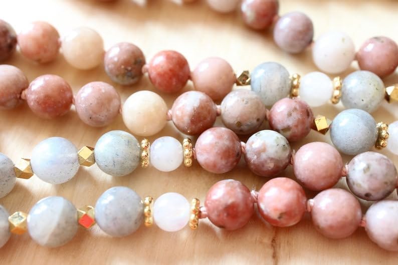 Jasper, Labradorite, Moonstone Stone Mala Beads, 108 Mala Necklace, Knotted Mala, WWG Necklace, Yoga Jewelry Meditation Beads Spiritual Jewelry Boho Jewelry, 34inch, Gemstone, 34inch,