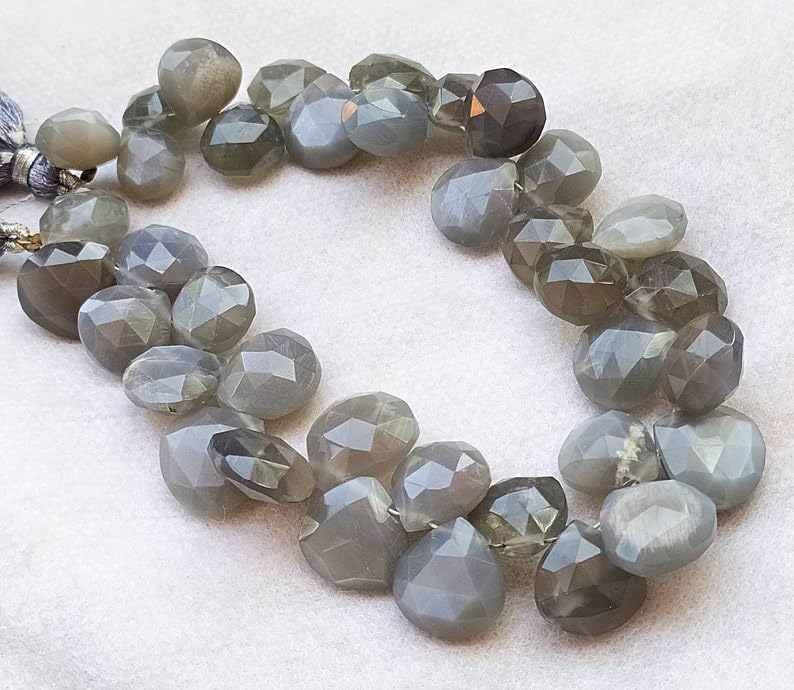 8 inch Strand of Natural Gray Moonstone 11-13.5 mm Heart Faceted briolette Beads for DIY Jewelry Making. |BRIO_03567