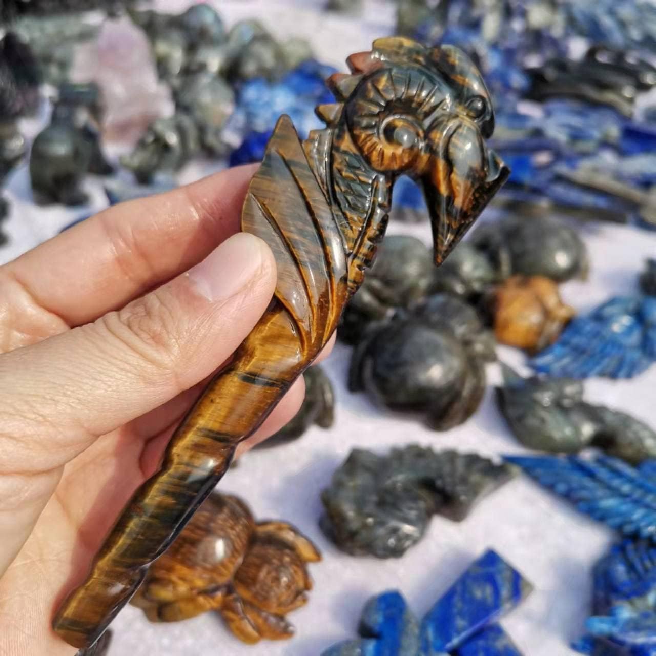 Natural Tiger Eye Carved Staff Crystal Wand Carving