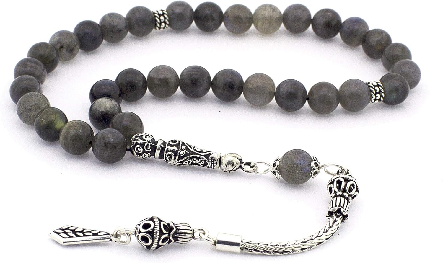 925 Sterling Silver Tassel Labradorite Islamic 33 Prayer Beads Tasbeeh Misbaha