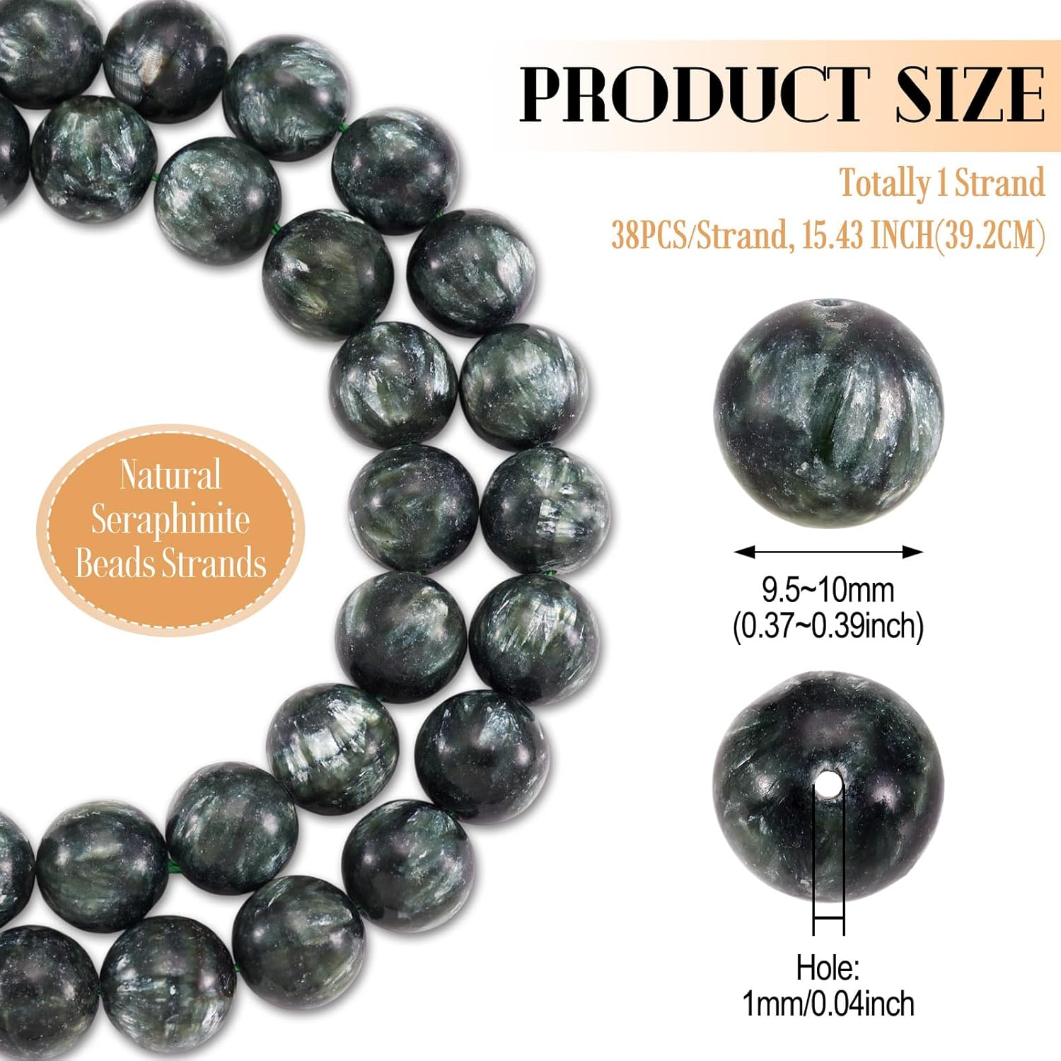 38pcs 10mm Natural Seraphinite Beads Round Quartz Energy Stone Healing Crystal Rocks for DIY Crafts Bracelets Necklaces Earrings Hole: 1mm