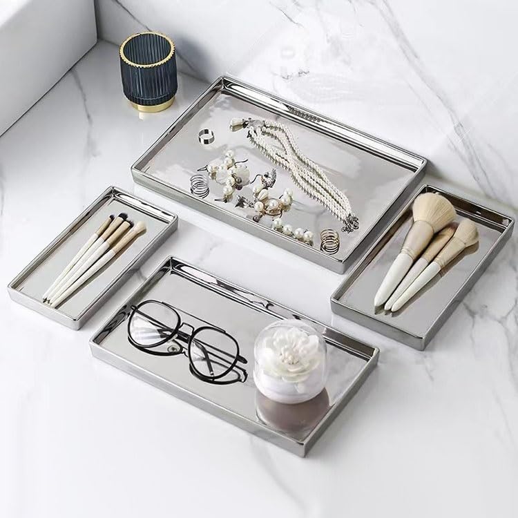Tray Nordic Style Silver Ceramic Tray Light Luxury Jewelry Tray Home Storage Tray Home Rectangular Storage Tray Serving Trays(XL)