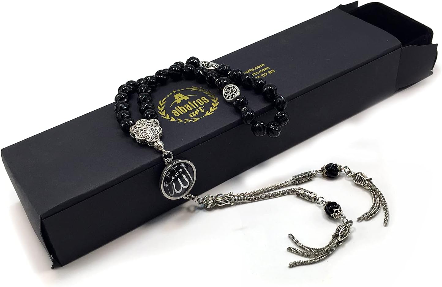 -Regal Collection- Prayer Beads-Tesbih-Tasbih-Tasbeeh-Misbaha-Masbaha-Subha-Sebha-Sibha-Rosary (-Genuine Carved Black Agate Stone -8mm 33 Beads- & Black Agate Bracelet-)