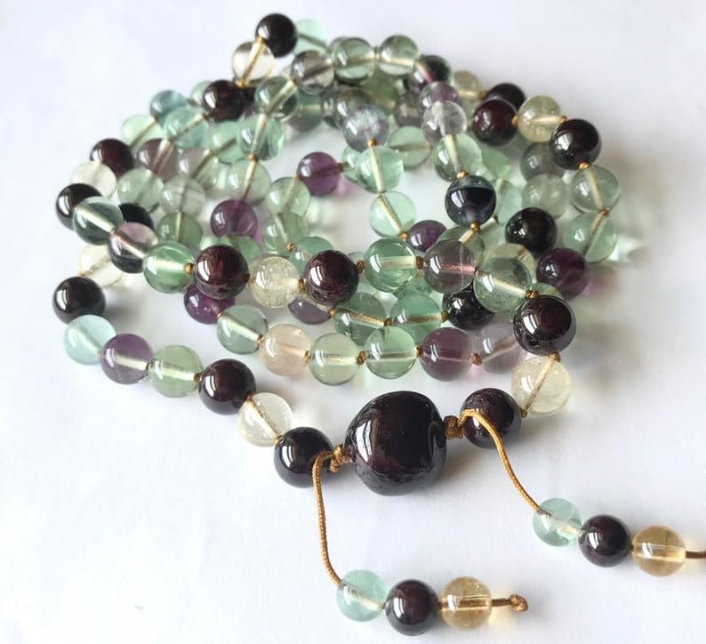Natural Rainbow Fluorite, Citrine, Garnet, 8mm-12mm 108 Mala Beads, Spiritual, Meditation Beads, Reiki, Japa Mala, Buddhist Prayer Beads, Yoga Bracelet, healing beads LKMALA-RRGU-1023