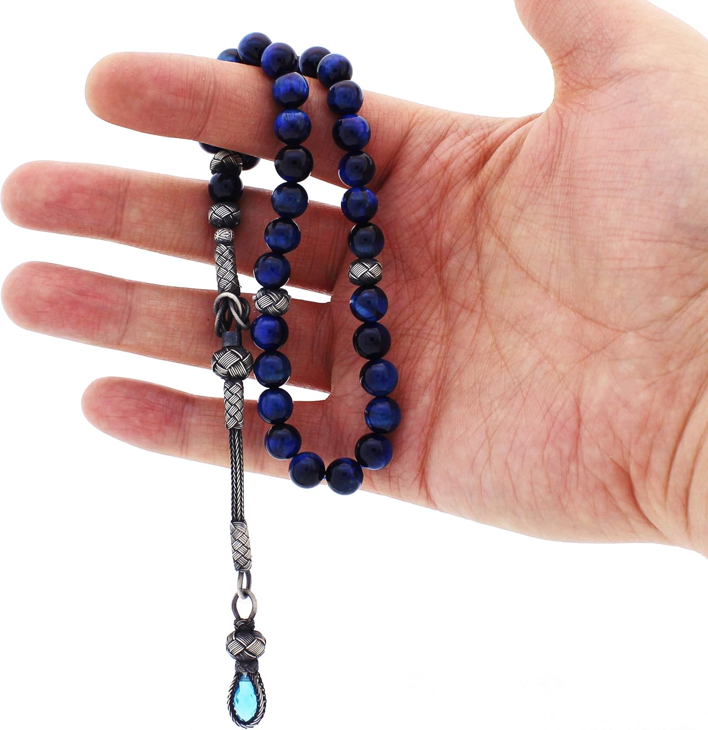 1000 Ct Silver Turkish Kazaz Blue Tiger's Eye Islamic 33 Prayer Beads Tasbeeh