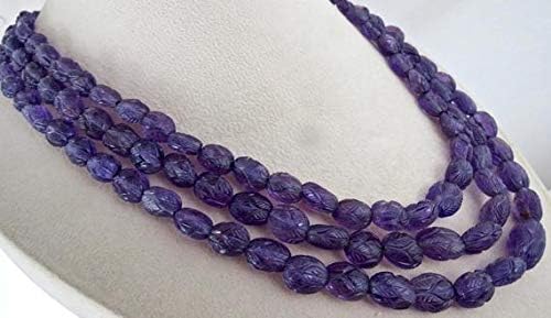 LKBEADS 3 Line Natural Amethyst Carved Long Beads Necklace 19 INCHES 18MM to 8MM Code-HIGH-46440