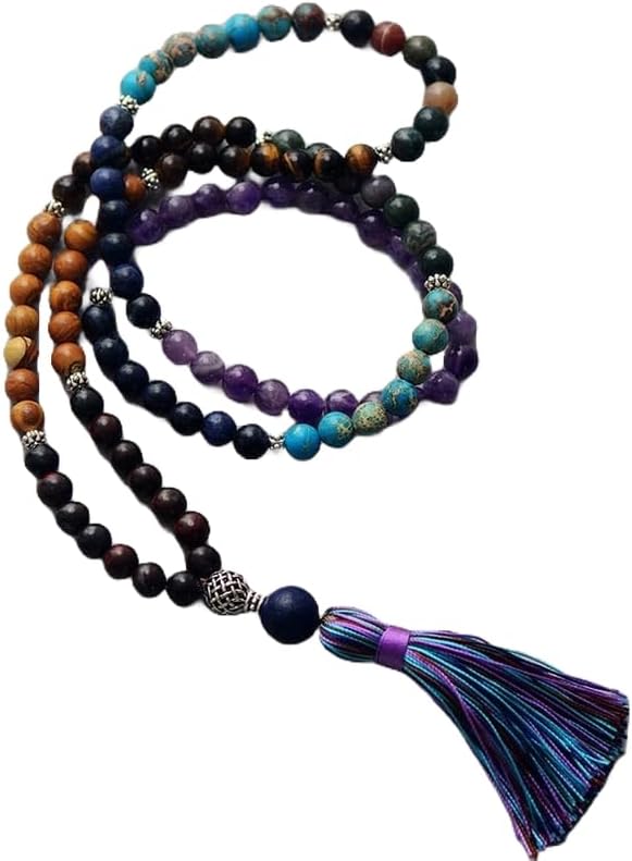Natural Amethyst, Agate and Jasper Stone Mala Beads, 108 Mala Necklace, Knotted Mala, WWG Necklace, Yoga Jewelry Meditation Beads Spiritual Jewelry Boho Jewelry