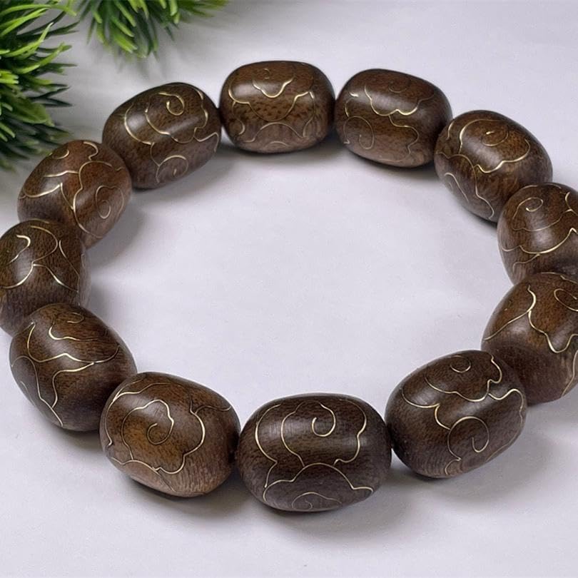 Vietnam Nha Trang White Agarwood Sinking Old Material Jujube Beads 18mm with Gold-Inlaid Auspicious Cloud Pattern