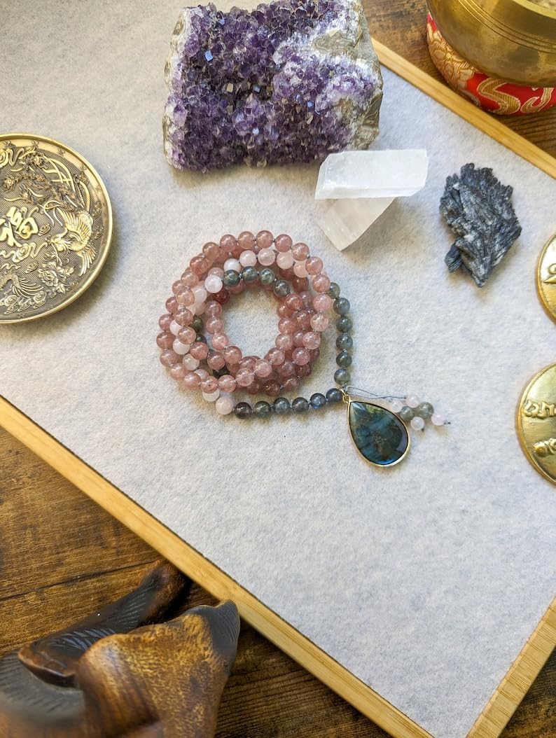 LABRADORITE and Strawberry Quartz Stone Mala Beads, 108 Mala Necklace, Knotted Mala, WWG Necklace, Yoga Jewelry Meditation Beads Spiritual Jewelry Boho Jewelry