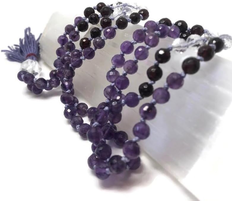 Natural quartz and amethyst, garnet 6mm-10mm 108 Mala Beads, Spiritual, Meditation Beads, Reiki, Japa Mala, Buddhist Prayer Beads, Yoga Bracelet, healing beads LKMALA-RRGU-420