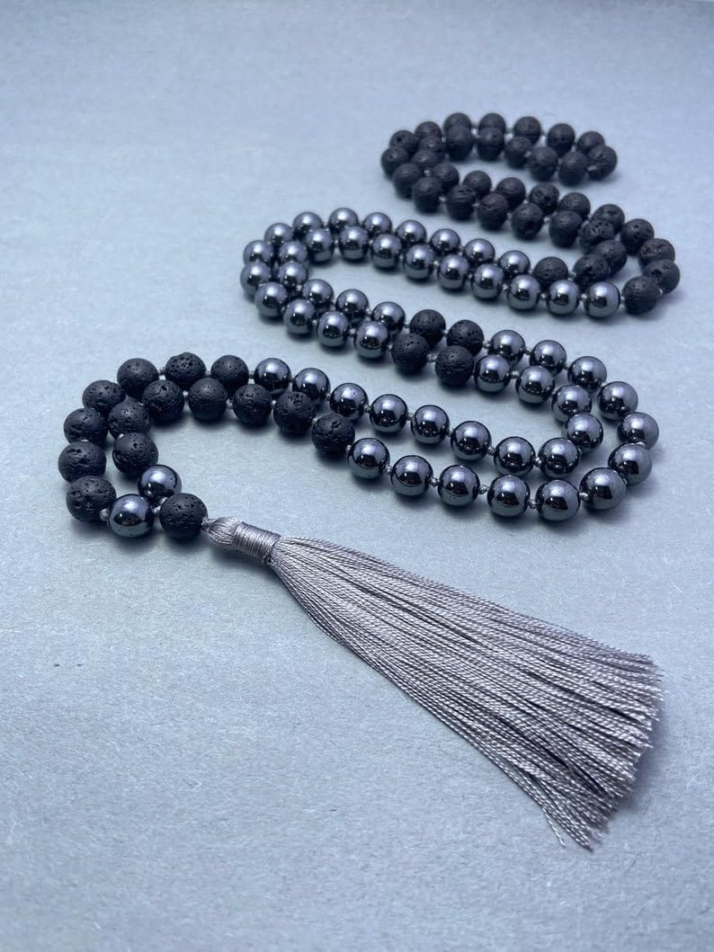 Natural Hematite & Black Lava 8mm 108 Mala Beads, Spiritual, Meditation Beads, Reiki, Japa Mala, Buddhist Prayer Beads, Yoga Bracelet, healing beads LKMALA-RRGU-3683