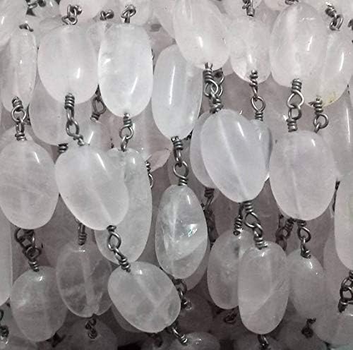 5 feet natural rose quartz smooth oval beaded chain - oxidized wire wrapped chain - oval beaded chain - beads size 6x8mm