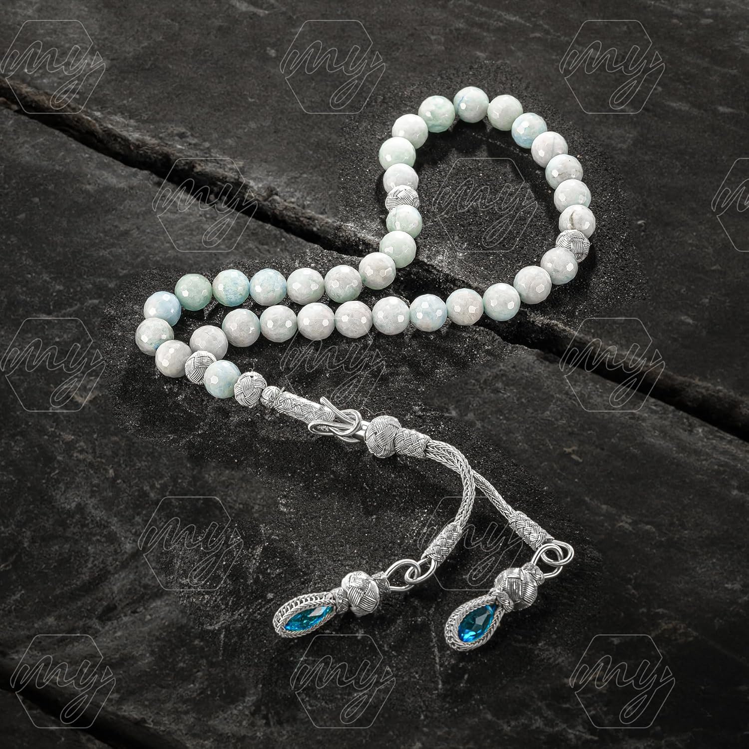 1000 Ct Silver Turkish Kazaz Aquamarine Stone Islamic 33 Prayer Beads Tasbeeh