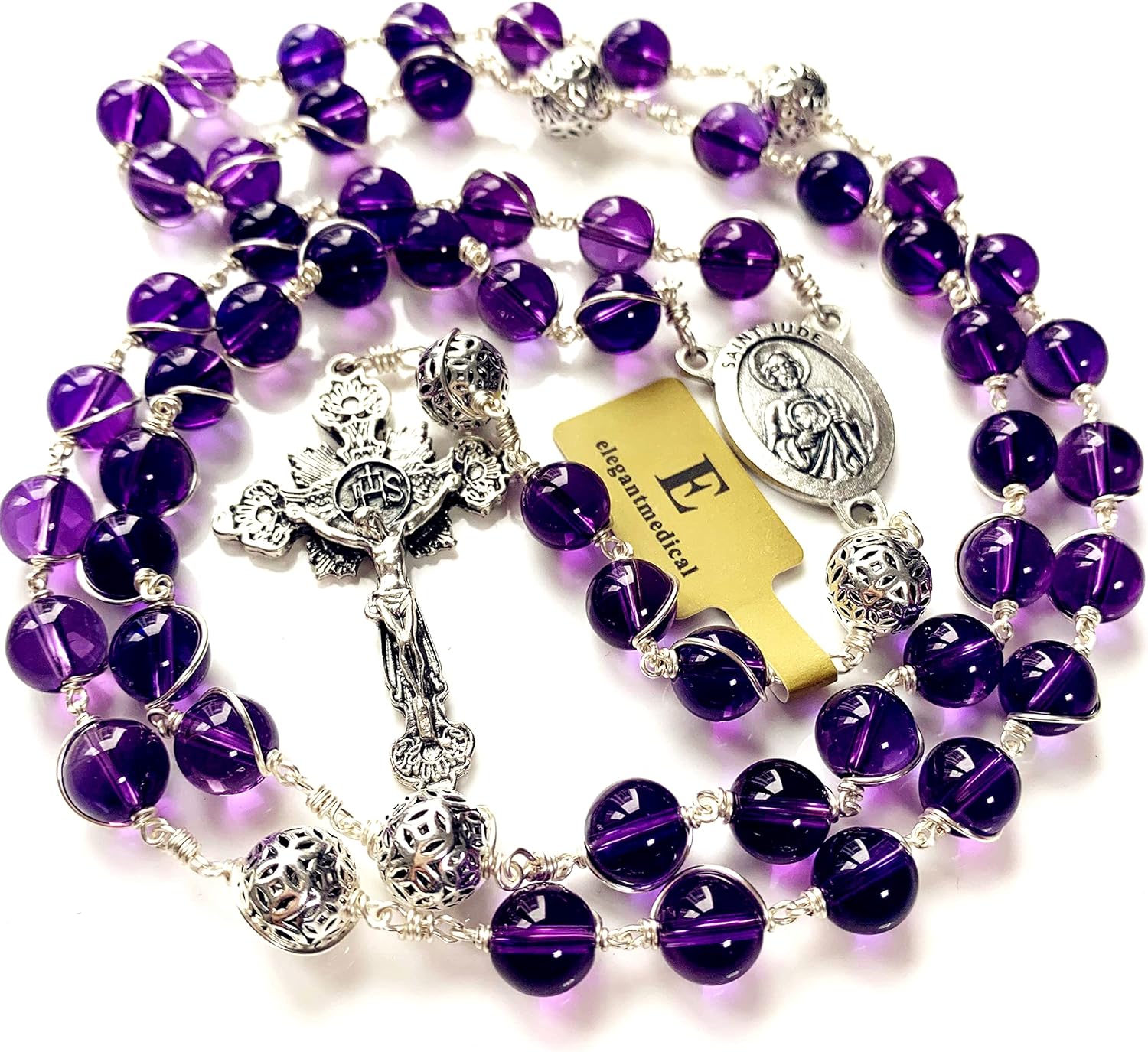 elegantmedical HANDMADE Bali 925 Sterling Silver Beads Purple Amethyst Catholic necklace Wire Wrap Rosary Cross