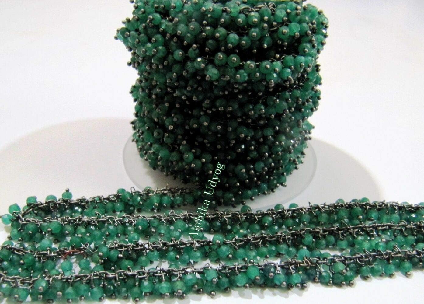 3 Feet Emerald Dangling Rosary Chain Black Plated- Cluster Beaded Gemstone Chain