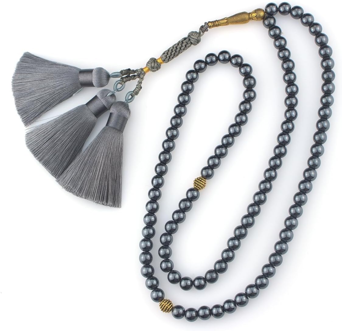 Muslims Islamic Dhikr Tasbeeh Tasbih Prayer Beads, 99 Hematite Beads with Tassel
