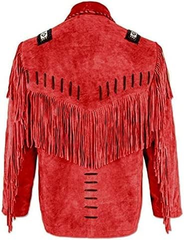 Mens Traditional Western Cowboy Suede Leather Jacket | Classic Native American jacket Coat with Beaded Fringed