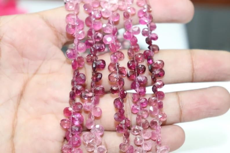 Rubellite Tourmaline Briolette Beads Strand 4x6-5x7mm Faceted Side Cut Pear Shape Gemstone Beads for Jewelry Making