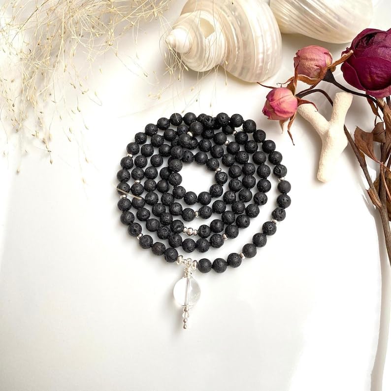 lava Stone Mala Beads, 108 Mala Necklace, Knotted Mala, WWG Necklace, Yoga Jewelry Meditation Beads Spiritual Jewelry Boho Jewelry, 34inch, Gemstone, 34inch, Gemstone