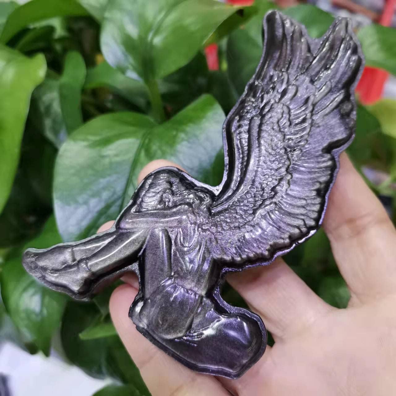 Natural Siver Obsidian Carved Wings Girl Shape Silver Obsidian Angel