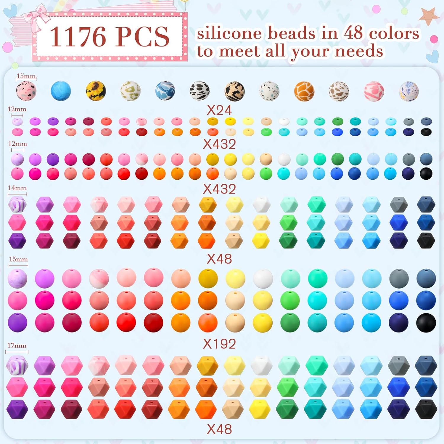 Hotop 1176 Pcs Silicone Beads for Keychain Making Kit, 12mm15mm Round 14mm17mm Polygonal Silicone Rubber Beads for Keychain DIY Necklace Bracelet Jewelry Making Supplies