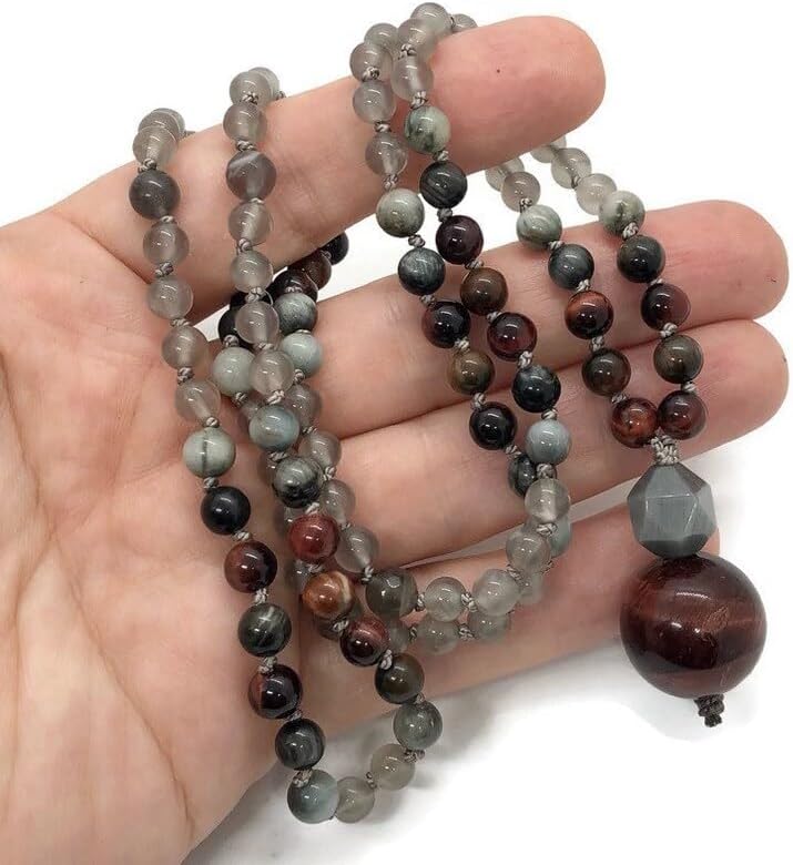 Grey Moonstone, Red and Grey Tiger Eye Stone Mala Beads, 108 Mala Necklace, Knotted Mala, WWG Necklace, Yoga Jewelry Meditation Beads Spiritual Jewelry Boho Jewelry