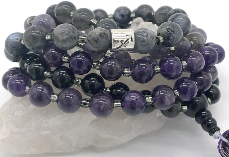 Natural AMETHYST ,IOLITE,LARVIKITE LABRADORITE,OBSIDIAN 8mm 108 Mala Beads, Spiritual, Meditation Beads, Reiki, Japa Mala, Buddhist Prayer Beads, Yoga Bracelet, healing beads LKMALA-RRGU-2651