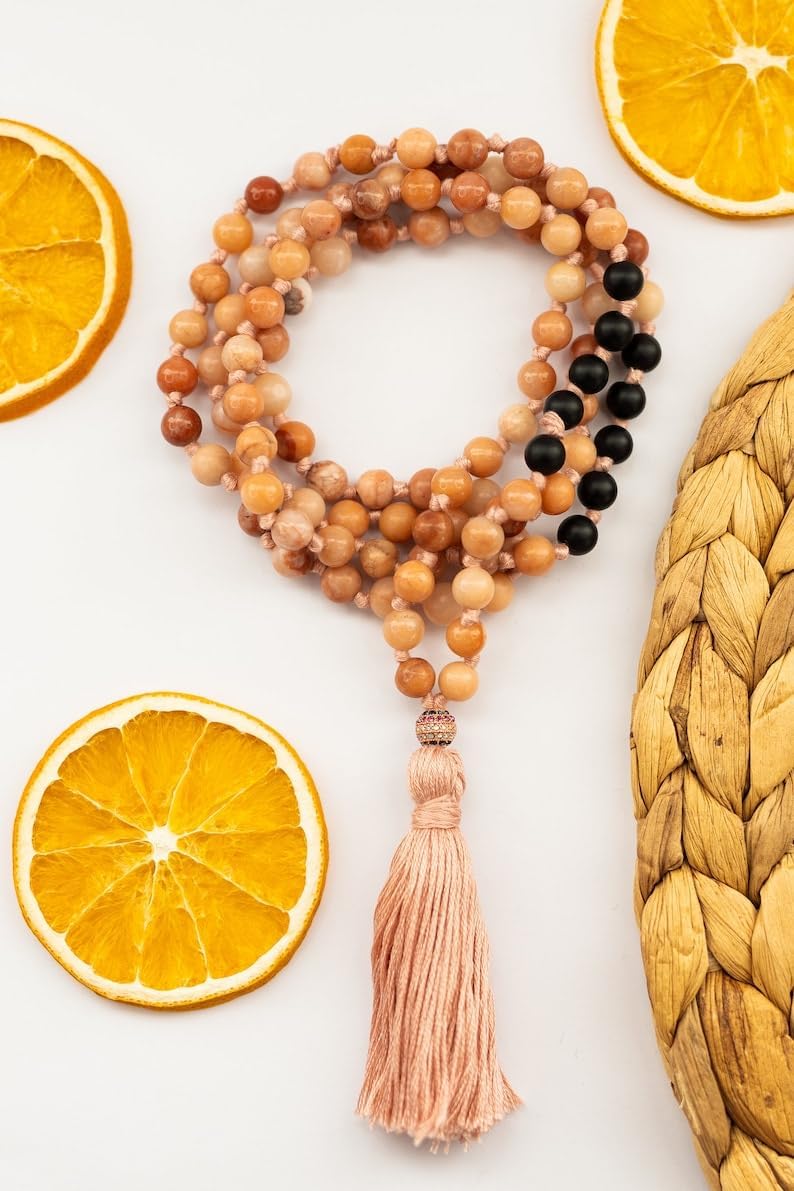rhodonite,black onyx Stone Mala Beads, 108 Mala Necklace, Knotted Mala, WWG Necklace, Yoga Jewelry Meditation Beads Spiritual Jewelry Boho Jewelry, 34inch, Gemstone