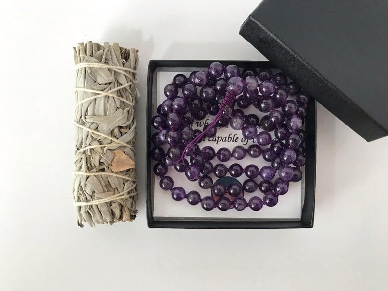 Natural Amethyst 8mm 108 Mala Beads, Spiritual, Meditation Beads, Reiki, Japa Mala, Buddhist Prayer Beads, Yoga Bracelet, healing beads LKMALA-RRGU-3262
