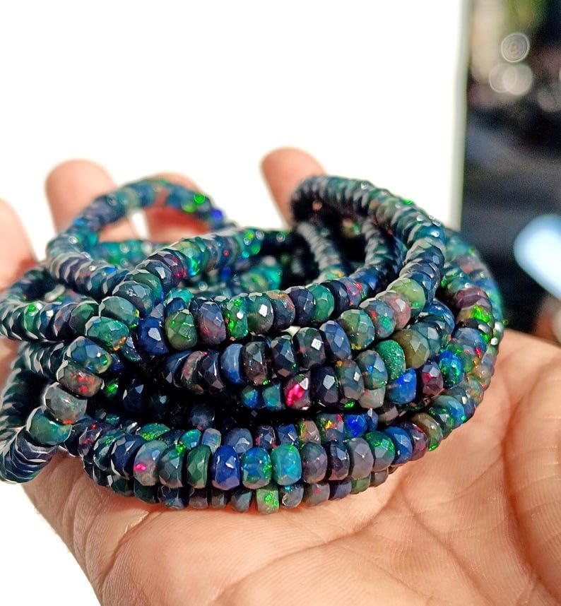 100% Natural Ethiopian Black Opal Faceted Roundel Beads Strand for Jewelry Making 4x6mm Beads