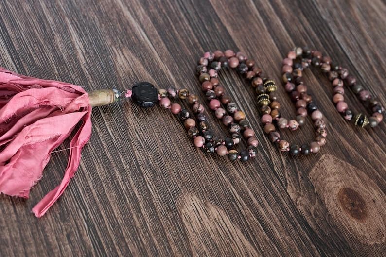 Natural Black Onyx, rhodonite 8mm 108 Mala Beads, Spiritual, Meditation Beads, Reiki, Japa Mala, Buddhist Prayer Beads, Yoga Bracelet, healing beads LKMALA-RRGU-2971, 34 inch