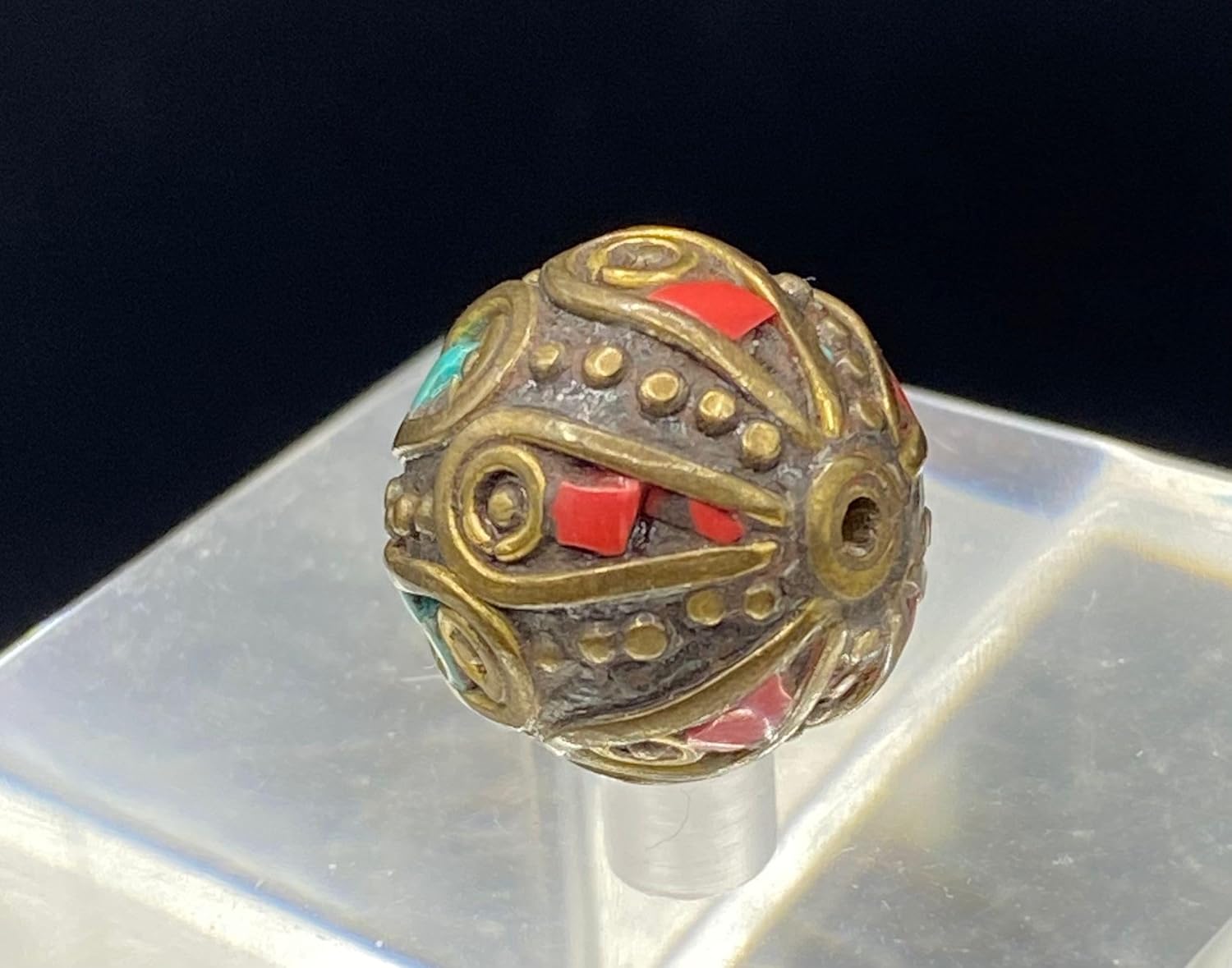 ALI OPLALS Old Antique Nepali Tibetan Handmade Brass Bead 16mm 6g | Turquoise & Coral Inlay Round Bead | Ethnic Boho Jewelry Supply |Prayer Buddha Amulets, For Pendant Bracelet Necklace Making (50)