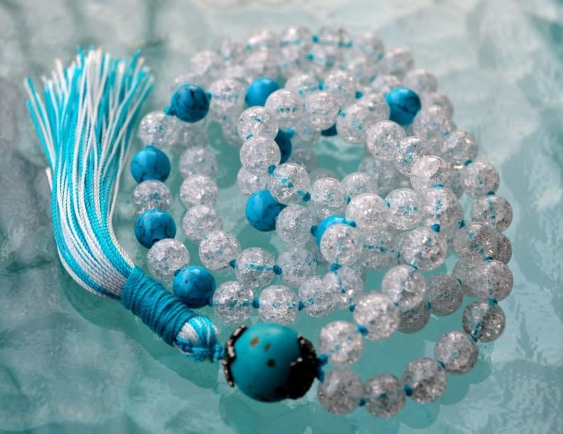Natural Crystal Quartz, Turquoise 8mm 108 Mala Beads, Spiritual, Meditation Beads, Reiki, Japa Mala, Buddhist Prayer Beads, Yoga Bracelet, healing beads LKMALA-RRGU-1827