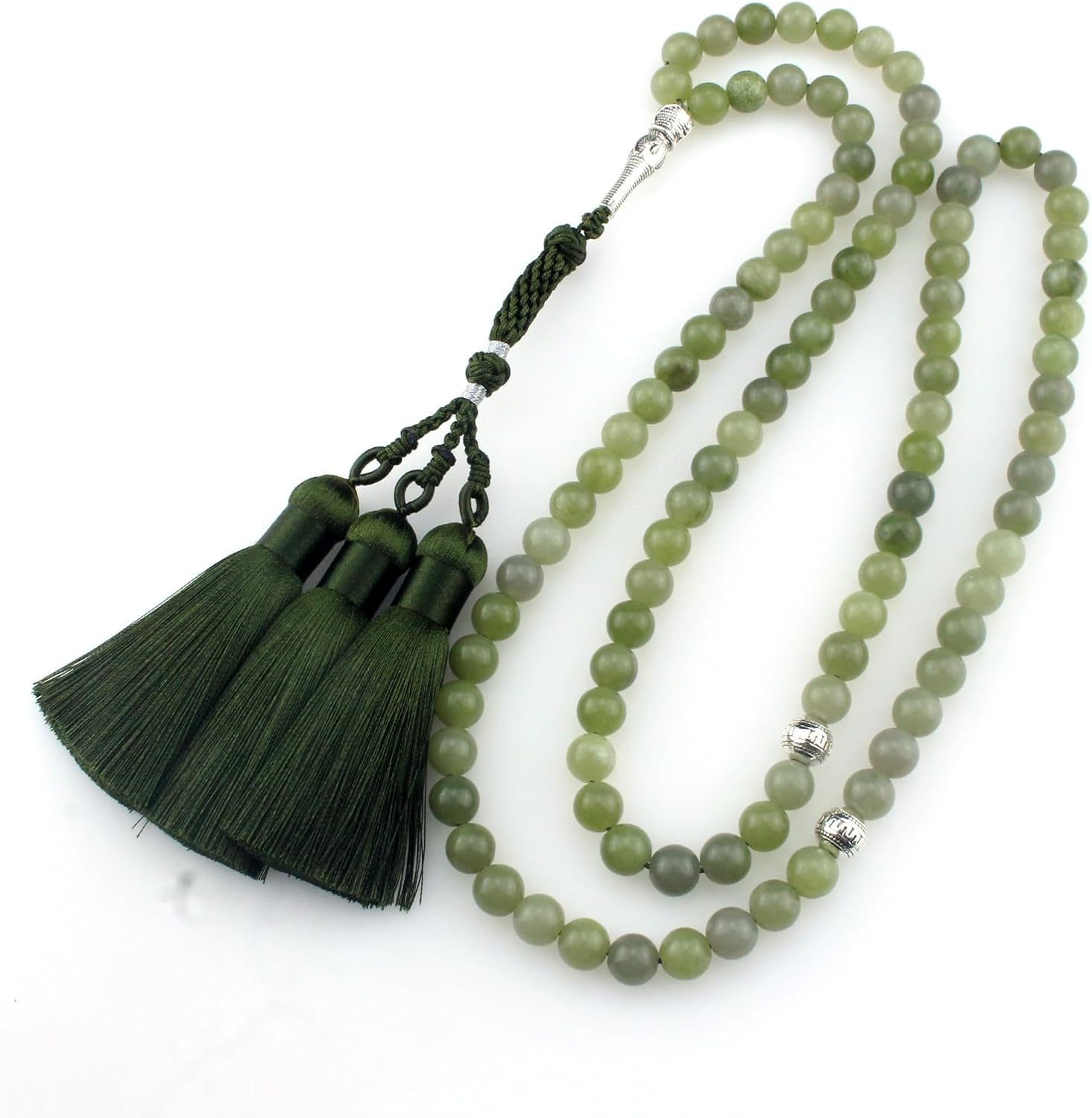 Muslims Islamic Dhikr 99 Tasbeeh Tasbih Prayer Beads, Green Jade Stone Beads with Tassel