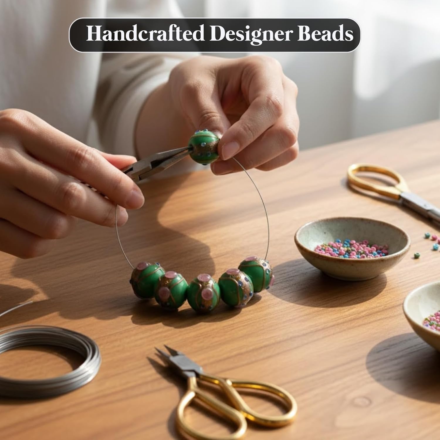 Handcrafted Green & Golden Dual Tone Lampwork Glass Beads | 16mm Round Loose Beads | Available in 10 Strands | Artistic Beads for Jewelry Making, DIY Crafts & Decoration