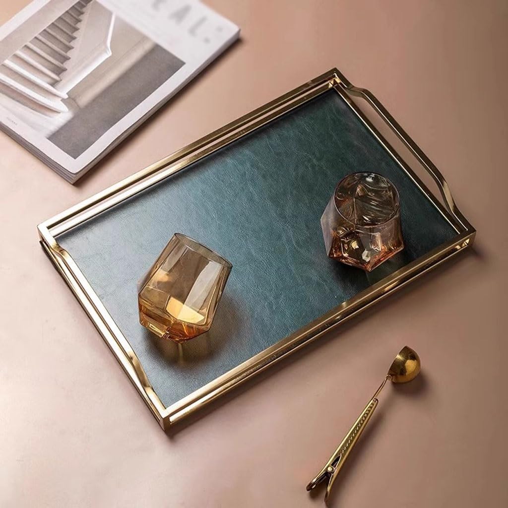 Tray Nordic Gold Handle Tray Home Leather Metal Tea Tray Creative Entrance Storage Tray Serving Trays(A)