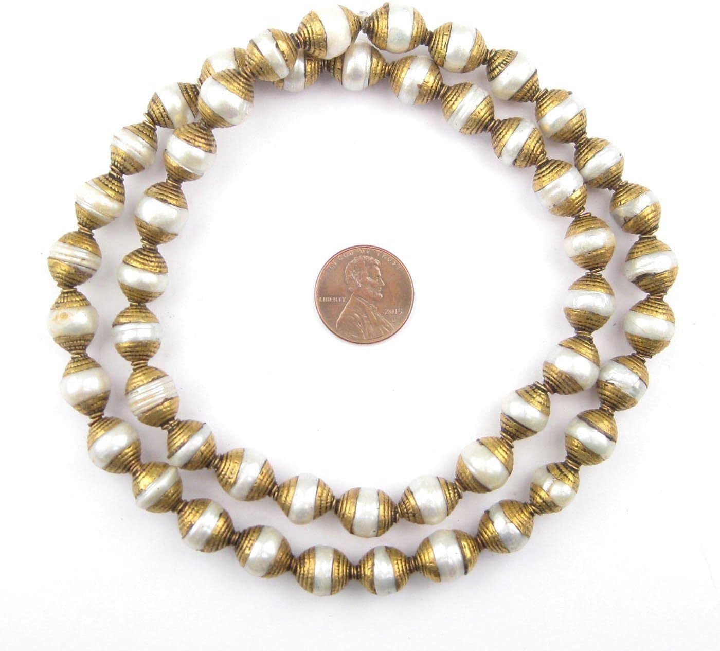 The Bead Chest Capped Pearl with Brass Gemstone Beads, Full Strand of Round Nepalese Stone Beads, Great for DIY Jewelry Necklace & Bracelet Making