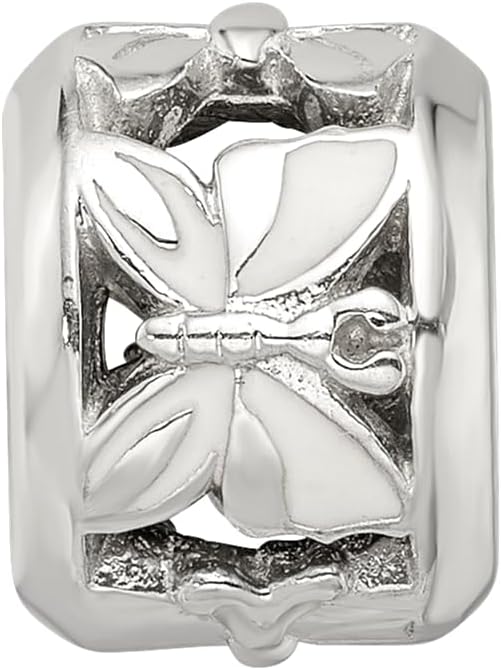 Solid 925 Sterling Silver Reflections White Enameled Butterfly Bead (7.3mm x 10mm)