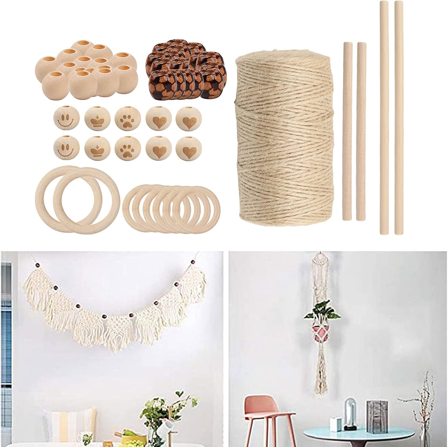 OP Macrame Kit 3mm Macrame Cotton Cord with Wooden Beads, Wooden Rings for Wall T211